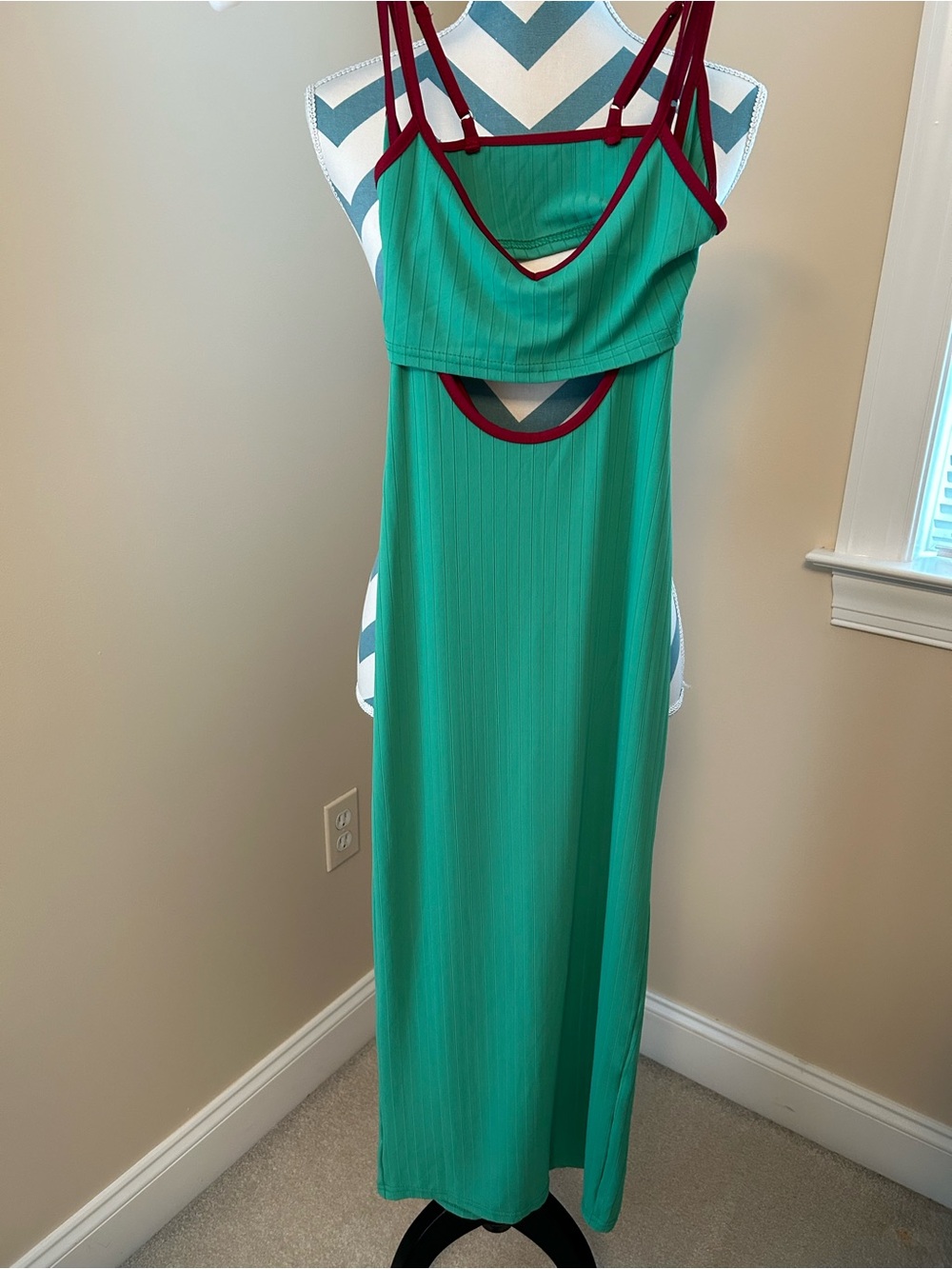 Green Maxi Dress with Burgundy Trim - Sleeveless Women's Dress